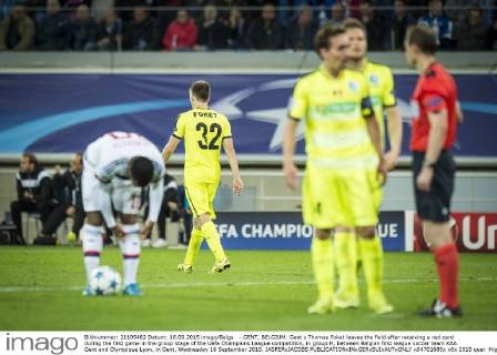 - GENT, BELGIUM: Gent s Thomas Foket leaves the field after receiving a red card during the first game in the group stage of the Uefa Champions League competition, in group H, between Belgian first league soccer team KAA Gent and Olympique Lyon, in Gent, Wednesday 16 September 2015. JASPERxJACOBS x04701685x