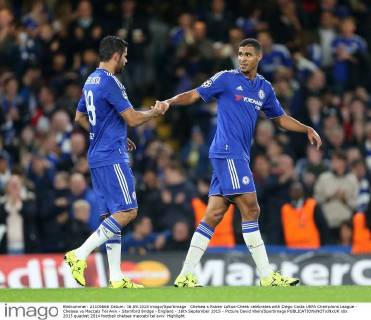 Chelsea s Ruben Loftus-Cheek celebrates with Diego Costa UEFA Champions League - Chelsea vs Maccabi Tel Aviv - Stamford Bridge - England - 16th September 2015 - Picture David Klein Sportimage EDITORIAL USE ONLY. No use with unauthorised audio, video, data, fixture lists, club league logos or live services. Online in-match use limited to 120 images, no video emulation. No use in betting, games or single club league player publications.
