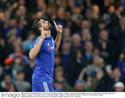 Chelsea s Diego Costa celebrates scoring his sides third goal UEFA Champions League - Chelsea vs Maccabi Tel Aviv - Stamford Bridge - England - 16th September 2015 - Picture David Klein Sportimage EDITORIAL USE ONLY. No use with unauthorised audio, video, data, fixture lists, club league logos or live services. Online in-match use limited to 120 images, no video emulation. No use in betting, games or single club league player publications.