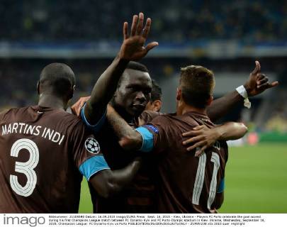 Sept. 16, 2015 - Kiev, Ukraine - Players FC Porto celebrate the goal scored during his first Champions League match between FC Dynamo Kyiv and FC Porto Olympic stadium in Kiev. Ukraine, Wednesday, September 16, 2015. Champions League: FC Dynamo Kyiv vs Porto  - ZUMAn230