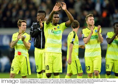 Renato Neto (gant) - Lasse Nielsen (gant) - Benito Raman (gant) - Fussball, Champions League, KAA Gent vs. Olympique Lyon - 16 09 2015 AnthonyBIBARD FEP Panoramic 