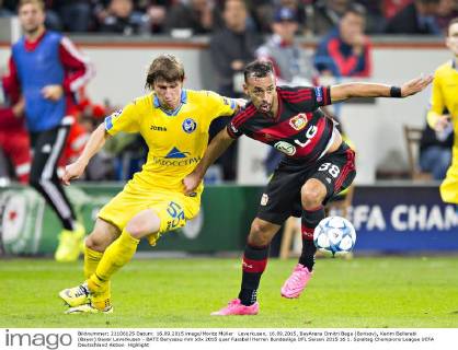 Leverkusen, 16.09.2015, BayArena Dmitri Baga (Borisov), Karim Bellarabi (Bayer) Bayer Leverkusen - BATE Baryssau mm