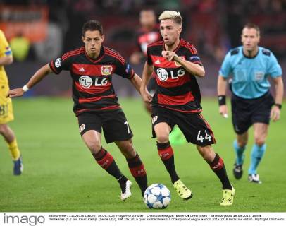 Championsleague: Bayer 04 Leverkusen - Bate Baryssau 16.09.2015. Javier Hernandez (li.) und Kevin Kampl (beide LEV). HM