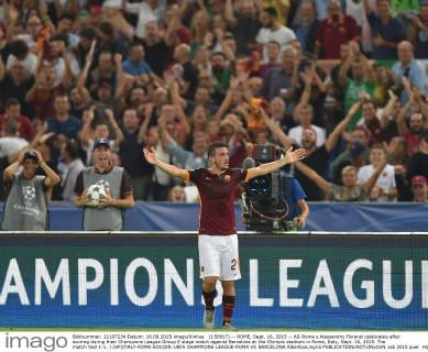 (150917) -- ROME, Sept. 16, 2015 -- AS Roma s Alessandro Florenzi celebrates after scoring during their Champions League Group E stage match against Barcelona at the Olympic stadium in Rome, Italy, Sept. 16, 2015. The match tied 1-1. ) (SP)ITALY-ROME-SOCCER-UEFA CHAMPIONS LEAGUE-ROMA VS BARCELONA AlbertoxLingria 
