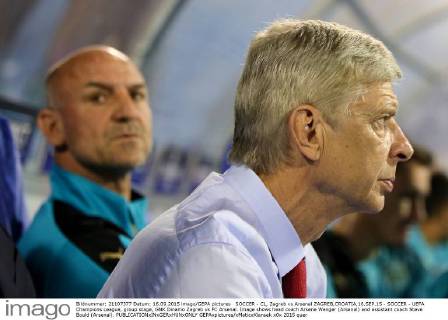 SOCCER - CL, Zagreb vs Arsenal ZAGREB,CROATIA,16.SEP.15 - SOCCER - UEFA Champions League, group stage, GNK Dinamo Zagreb vs FC Arsenal. Image shows head coach Arsene Wenger (Arsenal) and assistant coach Steve Bould (Arsenal). GEPAxpictures xMaticxKlansek