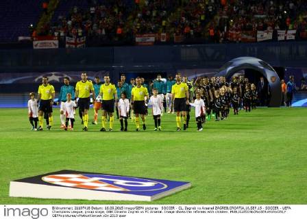 SOCCER - CL, Zagreb vs Arsenal ZAGREB,CROATIA,16.SEP.15 - SOCCER - UEFA Champions League, group stage, GNK Dinamo Zagreb vs FC Arsenal. Image shows the referees with children. GEPAxpictures xMaticxKlansek