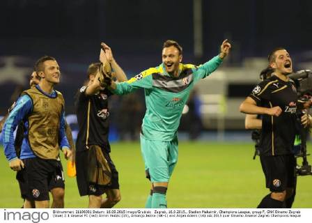 Zagreb, 16.9.2015., Stadion Maksimir, Champions League, group F, GNK Dinamo Zagreb (blue) 2:1 Arsenal FC (red) Armin Hodzic (15), Antonijo Jezina (GK-1) and Arijan Ademi (16)