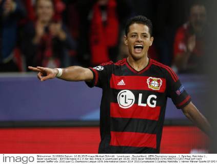 Leverkusen , Deutschland, UEFA Champions League , 1. Spieltag, Matchday 1 , Bayer Leverkusen - BATE Borissow 4-1 in der Bay-Arena in Leverkusen am 16.09. 2015 Javier HERNANDEZ (CHICHARITO) (LEV) freut sich nach seinem Treffer