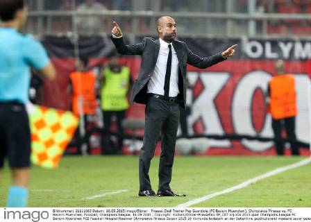 Piraeus Chef-Trainer Pep Guardiola (FC Bayern Muenchen), Olympiakos Piraeus vs. FC Bayern Muenchen, Fussball, Champions League, 16.09.2015 , Copyright: Kolbert Eibner-Pressefoto EP_CKT