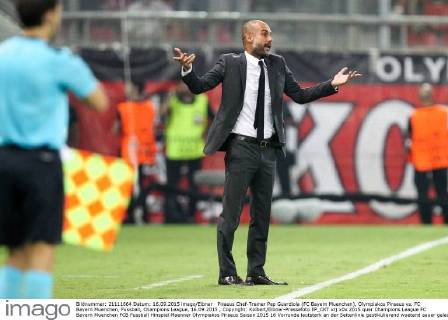 Piraeus Chef-Trainer Pep Guardiola (FC Bayern Muenchen), Olympiakos Piraeus vs. FC Bayern Muenchen, Fussball, Champions League, 16.09.2015 , Copyright: Kolbert Eibner-Pressefoto EP_CKT