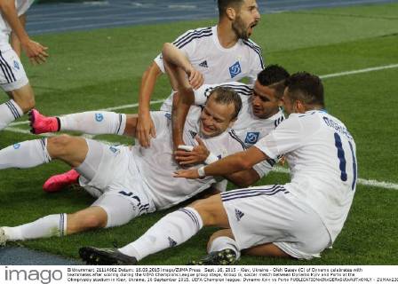 Sept. 16, 2015 - Kiev, Ukraine - Oleh Gusev (C) of Dynamo celebrates with teammates after scoring during the UEFA Champions League group stage, Group G, soccer match between Dynamo Kyiv and Porto at the Olimpiyskiy stadium in Kiev, Ukraine, 16 September 2015. UEFA Champion league: Dynamo Kyiv vs Porto  - ZUMAn230