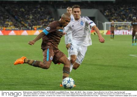Sept. 16, 2015 - Kiev, Ukraine - Yacine Brahimi (L) of Porto vies for the ball with Serhiy Rybalka of Dynamo Kyiv during the UEFA Champions League Group G stage football match between FC Dynamo Kyiv and FC Porto at NSK Olimpiyskyi Stadium. Ukraine : Dynamo Kyiv versus Porto match - ZUMAp133