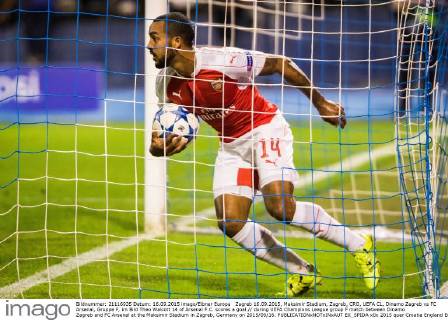 Zagreb 16.09.2015, Maksimir Stadium, Zagreb, CRO, UEFA CL, Dinamo Zagreb vs FC Arsenal, Gruppe F, im Bild Theo Walcott 14 of Arsenal F.C. scores a goal during UEFA Champions League group F match between Dinamo Zagreb and FC Arsenal at the Maksimir Stadium in Zagreb, Germany on 2015 09 16.  EX_SPIDA  