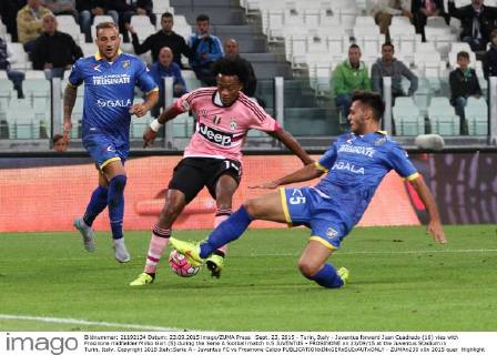 Sept. 23, 2015 - Turin, Italy - Juventus forward Juan Cuadrado (16) vies with Frosinone midfielder Mirko Gori (5) during the Serie A football match n.5 JUVENTUS - FROSINONE on 23 09 15 at the Juventus Stadium in Turin, Italy. Copyright 2015 Italy:Serie A - Juventus FC vs Frosinone Calcio - ZUMAn230