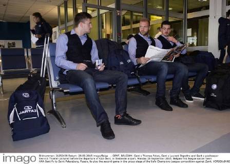 - GENT, BELGIUM: Gent s Thomas Foket, Gent s Laurent Depoitre and Gent s goalkeeper Yannick Thoelen pictured before the departure of KAA Gent, in Oostende airport, Monday 28 September 2015. Belgian first league soccer team KAA Gent fly to Saint Petersburg, Russia, to play the second game in the group stage of the Uefa Champions League competition against Zenit. YORICKxJANSENS  x04709774x