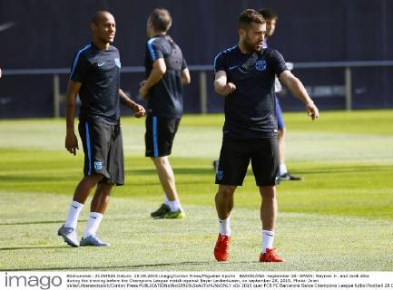 BARCELONA -september 28- SPAIN: Neymar Jr. and Jordi Alba during the training before the Champions League match against Bayer Levberkusen, on september 28, 2015. Photo: Joian Valls Urbanandsport Cordon Press 