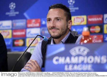 - SAINT PETERSBURG, RUSSIA: Gent s Danijel Milicevic pictured during a press conference PK Pressekonferenz of KAA Gent, in Saint Petersburg Petrovskiy stadium, Russia, Monday 28 September 2015. Belgian first league soccer team KAA Gent will play tomorrow the second game in the group stage of the Uefa Champions League competition against Zenit. YORICKxJANSENS  x04710160x