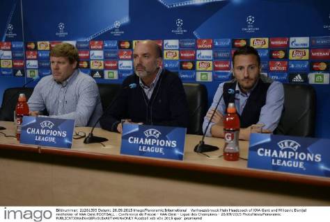 Vanhaezebrouck Hein Headcoach of KAA Gent and Milicevic Danijel midfielder of KAA Gent FOOTBALL : Conference de Presse - KAA Gent - Ligue des Champions - 28 09 2015 PhotoNews Panoramic 