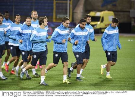 Raman Benito forward of KAA Gent and Kums Sven midfielder of KAA Gent Entrainement FOOTBALL : Entrainement - KAA Gent - Ligue des Champions - 28 09 2015 PhotoNews Panoramic 