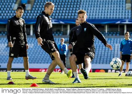 Aktuell Fußball, Champions League, Malmö FF Training , 150929 Malmös Nikola Djurdjic, Oscar Lewicki och Markus Rosenberg under en träning before UEFA Champions League 2015 2016 match between Malmö FF and Real Madrid.  Copyright: PETTERxARVIDSON BB150929PA026