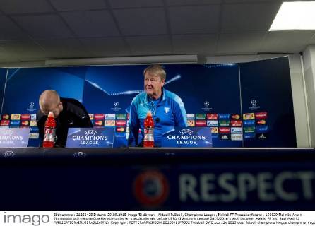 Aktuell Fußball, Champions League, Malmö FF Pressekonferenz , 150929 Malmös Anton Tinnerholm och tränare Age Hareide under en presskonferens before UEFA Champions League 2015 2016 match between Malmö FF and Real Madrid.  Copyright: PETTERxARVIDSON BB150929PA052