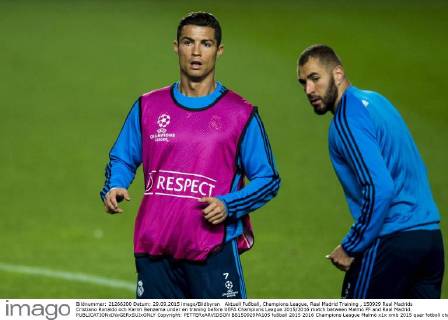 Aktuell Fußball, Champions League, Real Madrid Training , 150929 Real Madrids Cristiano Ronaldo och Karim Benzema under en träning before UEFA Champions League 2015 2016 match between Malmö FF and Real Madrid.  Copyright: PETTERxARVIDSON BB150929PA105