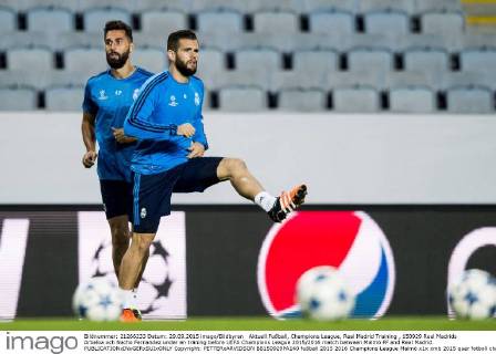 Aktuell Fußball, Champions League, Real Madrid Training , 150929 Real Madrids Arbeloa och Nacho Fernandez under en träning before UEFA Champions League 2015 2016 match between Malmö FF and Real Madrid.  Copyright: PETTERxARVIDSON BB150929PA140