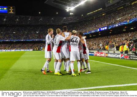 Aktuell Fußball, Champions League, FC Barcelona - Bayer 04 Leverkusen BARCELONA- september, 29- SPAIN: Kyriakos Papadopoulos with his teammates of Bayer 04 Leverkusen celebrates after scoring the goal during the match beetwen FC Barcelona Barca and Bayer 04 Leverkusen, corresponding to the week 2 of the Champions League, played at the Camp Nou stadium on September 29, 2015 in Barcelona, Spain. (Photo by Mikel Trigueros Urbanandsport Cordon Press) 