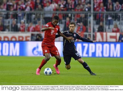 UEFA Champions League, Bayern Munich - GNK Dinamo Zagreb 29.09.2015., Allianz Arena, Munich, Germany - UEFA Champions League, Group F, 2nd round, Bayern Munich - GNK Dinamo Zagreb. Kingsley Coman, Josip Pivaric. MarkoxLukunic PIXSELL