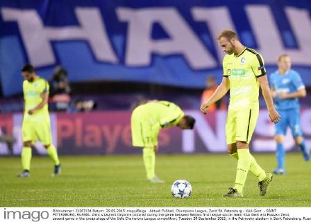 Aktuell Fußball, Champions League, Zenit St. Petersburg - KAA Gent - SAINT PETERSBURG, RUSSIA: Gent s Laurent Depoitre pictured during the game between Belgian first league soccer team KAA Gent and Russian Zenit, second game in the group stage of the Uefa Champions League competition, Tuesday 29 September 2015, in the Petrovsky stadium in Saint Petersburg, Russia. YORICKxJANSENS  x04710631x