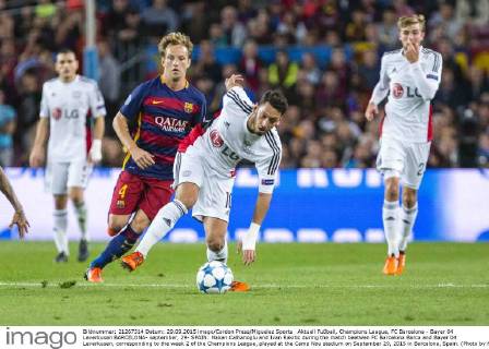 Aktuell Fußball, Champions League, FC Barcelona - Bayer 04 Leverkusen BARCELONA- september, 29- SPAIN: Hakan Calhanoglu and Ivan Rakitic during the match beetwen FC Barcelona Barca and Bayer 04 Leverkusen, corresponding to the week 2 of the Champions League, played at the Camp Nou stadium on September 29, 2015 in Barcelona, Spain. (Photo by Mikel Trigueros Urbanandsport Cordon Press) 