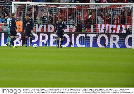 UEFA Champions League, Bayern Munich - GNK Dinamo Zagreb 29.09.2015., Allianz Arena, Munich, Germany - UEFA Champions League, Group F, 2nd round, Bayern Munich - GNK Dinamo Zagreb. Domagoj Antolic, Jeremy Taravel, Josip Pivaric. MarkoxLukunic PIXSELL
