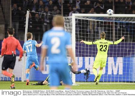 Aktuell Fußball, Champions League, Zenit St. Petersburg - KAA Gent - SAINT PETERSBURG, RUSSIA: Zenit s Oleg Shatov scoring the 2-1 goal during the game between Belgian first league soccer team KAA Gent and Russian Zenit, second game in the group stage of the Uefa Champions League competition, Tuesday 29 September 2015, in the Petrovsky stadium in Saint Petersburg, Russia. YORICKxJANSENS  x04710688x