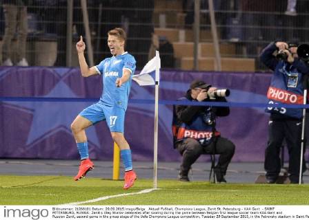 Aktuell Fußball, Champions League, Zenit St. Petersburg - KAA Gent - SAINT PETERSBURG, RUSSIA: Zenit s Oleg Shatov celebrates after scoring during the game between Belgian first league soccer team KAA Gent and Russian Zenit, second game in the group stage of the Uefa Champions League competition, Tuesday 29 September 2015, in the Petrovsky stadium in Saint Petersburg, Russia. YORICKxJANSENS  x04710689x