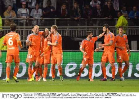 Aymen Abdennour (val) - Sofiane Feghouli (val) - JOIE FOOTBALL : Olympique Lyon vs Valencia CF - UEFA Champions League 2015 2016 - 29 09 2015 AnthonyBIBARD FEP Panoramic 