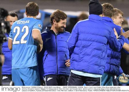 - SAINT PETERSBURG, RUSSIA: Zenit s head coach Andre Villas-Boas celebrates after winning the game between Belgian first league soccer team KAA Gent and Russian Zenit, second game in the group stage of the Uefa Champions League competition, Tuesday 29 September 2015, in the Petrovsky stadium in Saint Petersburg, Russia. YORICKxJANSENS  x04710710x
