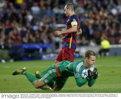 Champions League 2015 2016 match played between FC Barcelona and Bayer Leverkusen. In this picture, Leno and Iniesta. x 