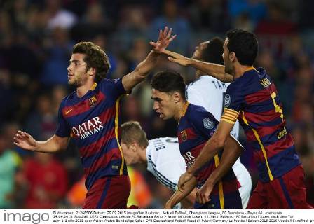 Aktuell Fußball, Champions League, FC Barcelona - Bayer 04 Leverkusen 29.09.2015, Fussball, UEFA Champions League FC Barcelona Barca - Bayer 04 Leverkusen, v.l. Sergi Roberto (FC Barcelona) Jubelt nach dem Tor zum 1-1
