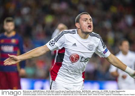 BARCELONA- september, 29- SPAIN: Kyriakos Papadopoulos celebrates scoring the goal during the match beetwen FC Barcelona Barca and Bayer 04 Leverkusen, corresponding to the week 2 of the Champions League, played at the Camp Nou stadium on September 29, 2015 in Barcelona, Spain. (Photo by Mikel Trigueros Urbanandsport Cordon Press) 