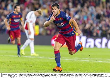 BARCELONA- september, 29- SPAIN: Luis Suarez celebrates scoring the goal during the match beetwen FC Barcelona Barca and Bayer 04 Leverkusen, corresponding to the week 2 of the Champions League, played at the Camp Nou stadium on September 29, 2015 in Barcelona, Spain. (Photo by Mikel Trigueros Urbanandsport Cordon Press) 