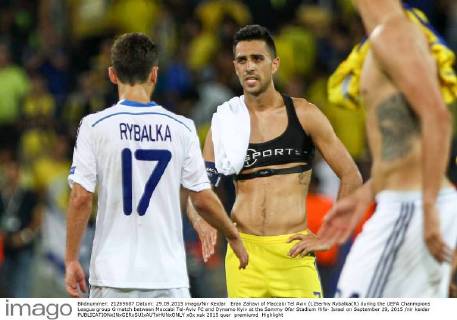 Eran Zahavi of Maccabi Tel Aviv (L)Serhiy Rybalka(R) during the UEFA Chanmpions League group G match between Maccabi Tel-Aviv FC and Dynamo Kyiv at the Sammy Ofer Stadium Hifa- Israel on September 29, 2015 nir keidar 