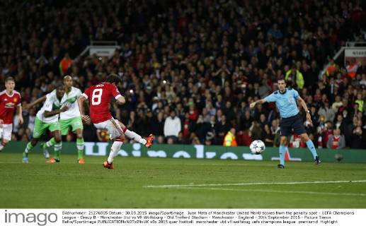 Juan Mata of Manchester United ManU scores from the penalty spot - UEFA Champions League - Group B - Manchester Utd vs Vfl Wolfsburg - Old Trafford Stadium - Manchester - England - 30th September 2015 - Picture Simon Bellis Sportimage EDITORIAL USE ONLY. No use with unauthorised audio, video, data, fixture lists, club league logos or live services. Online in-match use limited to 120 images, no video emulation. No use in betting, games or single club league player publications.