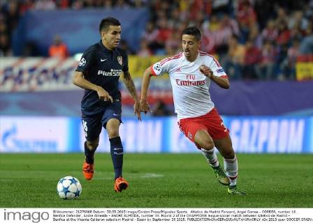 Atletico de Madrid Forward, Angel Correa - CORREA, number 16 . Benfica Defender, Andre Almeida - ANDRE ALMEIDA, number 34. Round 2 of the CHAMPIONS league soccer match between Atletico de Madrid - Benfica at the Vicente Calderon estadium Madrid - Spain by September 30 2015. 