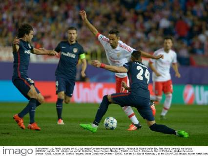 Atletico de Madrid Defender, Jose Maria Gimenez de Vargas - GIMENEZ, number 24 . Atletico de Madrid Midfielder, Tiago Cardoso Mendes - TIAGO, number 5. Atletico de Madrid Midfielder, Grabiel Fenandez Arenas - GABI, number 14. Benfica Forward, Jonas Goncalves Oliveras - JONAS, number 12. Round Matchday 2 of the CHAMPIONS league, soccer match between Atletico de Madrid - Benfica at the Vicente Calderon estadium, Madrid - Spain (ESP) by September 30, 2015. PHOTO: Gregorio Lopez.