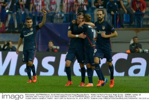 Atletico de Madrid Forward, Angel Correa - CORREA, number 16 celebrates after scoring a goal (1,0). Round Matchday 2 of the CHAMPIONS league, soccer match between Atletico de Madrid - Benfica at the Vicente Calderon estadium, Madrid - Spain (ESP) by September 30, 2015. PHOTO: Gregorio Lopez. 