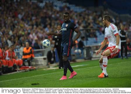 Atletico de Madrid Forward, Jackson Martinez - JACKSON MARTINEZ, number 11 . Benfica Defender, Jardel - JARDEL, number 33. Round 2 of the CHAMPIONS league soccer match between Atletico de Madrid - Benfica at the Vicente Calderon estadium Madrid - Spain by September 30 2015. 