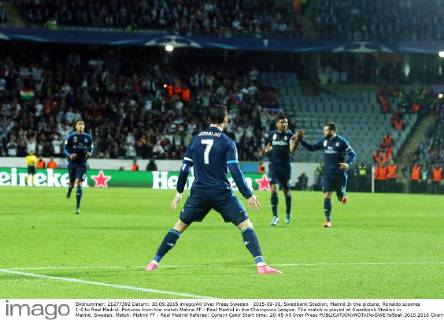 2015-09-30, Swedbank Stadion, Malmö In the picture: Ronaldo scoores 1-0 to Real Madrid. Pictures from the match Malmo FF - Real Madrid in the Champions League. The match is played at Swedbank Stadion in Malmö, Sweden. Match: Malmö FF - Real Madrid Referee: Cüneyt Çakir Start time: 20:45 All Over Press