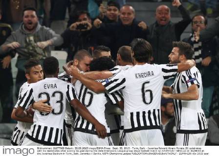 Sept. 30, 2015 - Turin, Italy - Juventus forward Alvaro Morata (9) celebrates with his teammates after scoring his goal during the Uefa Champions League group stage football match n2 JUVENTUS - SEVILLA on 30 09 15 at the Juventus Stadium in Turin, Italy. Juventus v Sevilla, UEFA Champions League - ZUMAn230