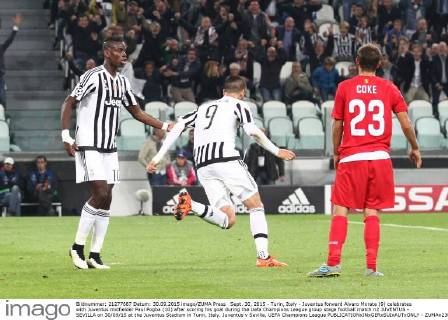 Sept. 30, 2015 - Turin, Italy - Juventus forward Alvaro Morata (9) celebrates with Juventus midfielder Paul Pogba (10) after scoring his goal during the Uefa Champions League group stage football match n2 JUVENTUS - SEVILLA on 30 09 15 at the Juventus Stadium in Turin, Italy. Juventus v Sevilla, UEFA Champions League - ZUMAn230