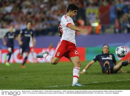 UEFA Champions League 2015 2016 match played between Atletico Madrid and Benfica Lisbon. In this picture, Guedes scores second goal for Benfica. x 